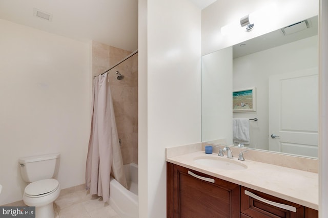 full bath with shower / tub combo with curtain, visible vents, toilet, vanity, and tile patterned floors