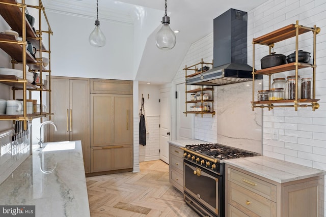 922 Clinton St, Philadelphia, PA 19107 - kitchen featuring stainless steel range, open shelves, wall chimney exhaust hood, a sink, and ornamental molding