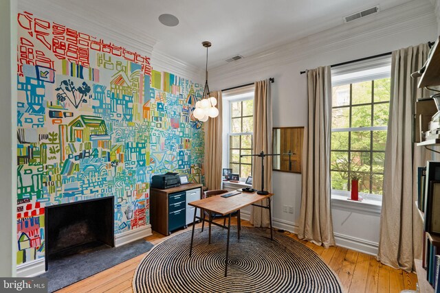 922 Clinton St, Philadelphia, PA 19107 - office with hardwood / wood-style flooring, a fireplace, baseboards, and ornamental molding