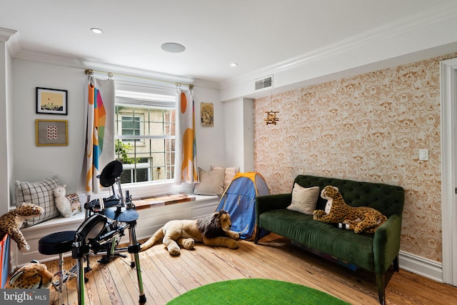 922 Clinton St, Philadelphia, PA 19107 - living room featuring hardwood / wood-style floors, crown molding, and wallpapered walls