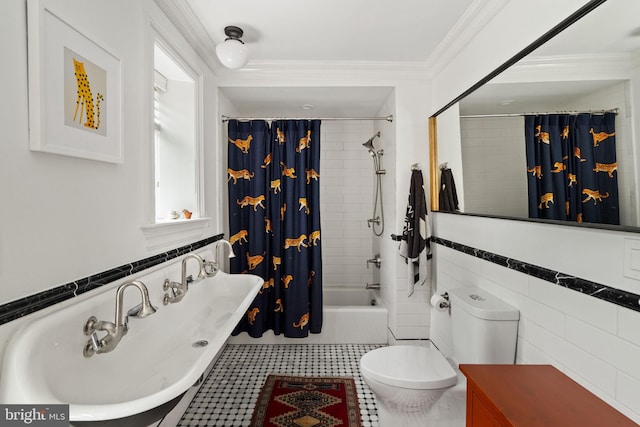 922 Clinton St, Philadelphia, PA 19107 - full bathroom with tile walls, toilet, shower / tub combo with curtain, and crown molding