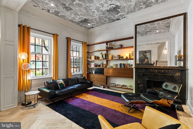 922 Clinton St, Philadelphia, PA 19107 - living area with plenty of natural light, crown molding, and a fireplace