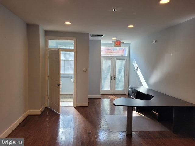 doorway featuring visible vents, baseboards, dark wood-style floors, french doors, and recessed lighting