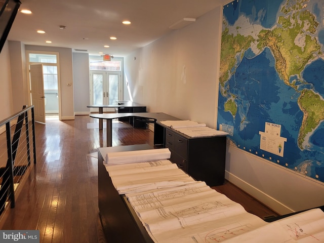 interior space featuring dark wood-type flooring, recessed lighting, french doors, and baseboards