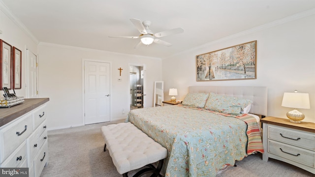 bedroom with crown molding, a ceiling fan, and light colored carpet