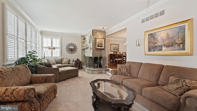 living area featuring light carpet, visible vents, crown molding, and a stone fireplace