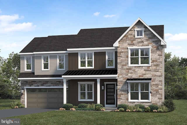 view of front facade featuring a front lawn, a standing seam roof, metal roof, concrete driveway, and a garage