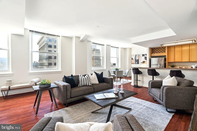 living area featuring dark wood finished floors and baseboards