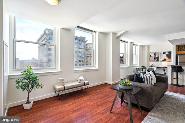 living area featuring a view of city, baseboards, and dark wood-type flooring