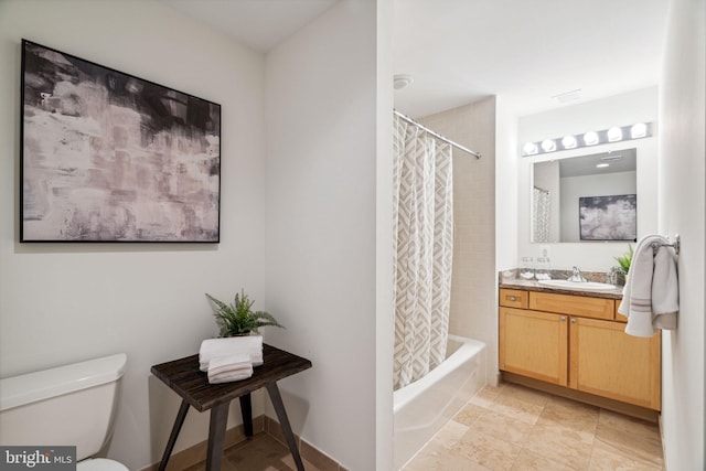 bathroom featuring toilet, shower / bathtub combination with curtain, and vanity