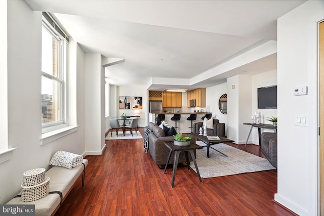 living room with baseboards and wood finished floors