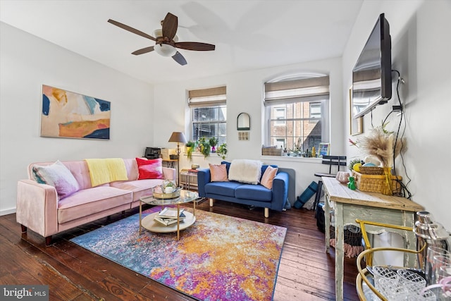 living area featuring a ceiling fan and hardwood / wood-style floors