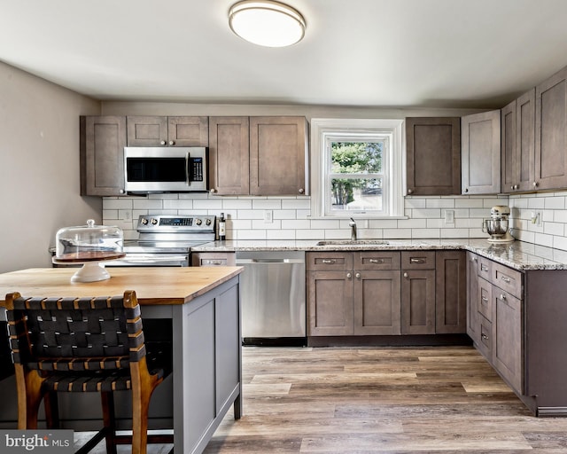 kitchen featuring a sink, stainless steel appliances, light wood-type flooring, and backsplash
