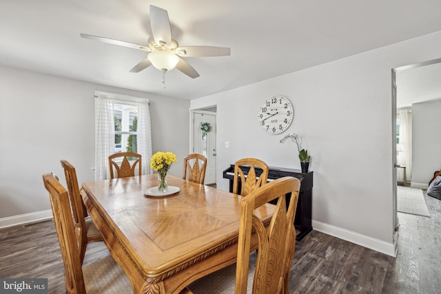 dining area featuring visible vents, baseboards, a ceiling fan, and dark wood-style flooring