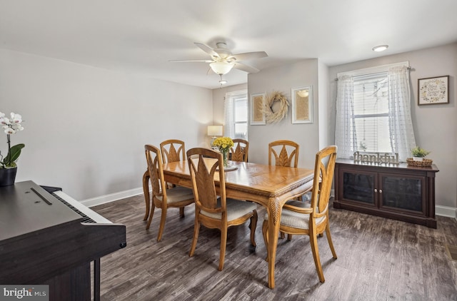 dining area with baseboards, dark wood-type flooring, and ceiling fan