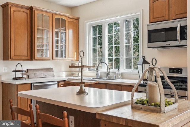 kitchen featuring glass insert cabinets, a kitchen breakfast bar, stainless steel appliances, light countertops, and a sink