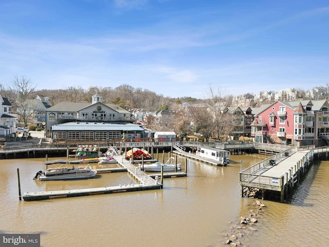 dock area with a water view and a residential view