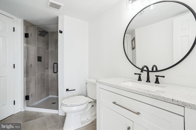 full bathroom with toilet, a stall shower, vanity, and visible vents