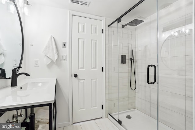 full bathroom with visible vents, a sink, and a shower stall