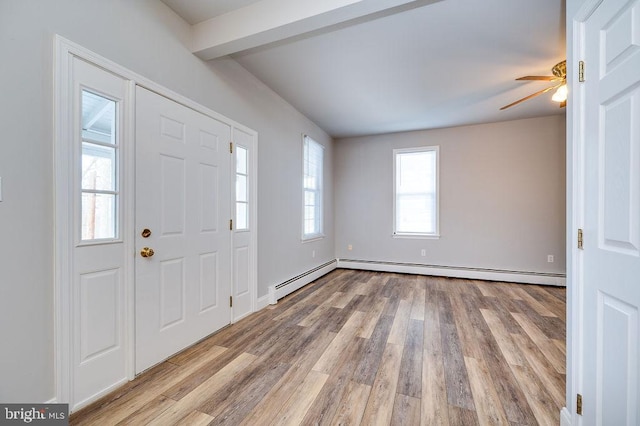 foyer featuring a baseboard heating unit, beam ceiling, ceiling fan, and wood finished floors