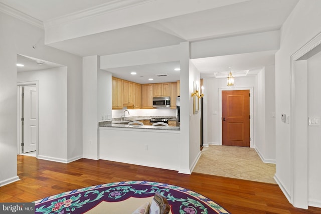 kitchen with recessed lighting, baseboards, appliances with stainless steel finishes, and wood finished floors