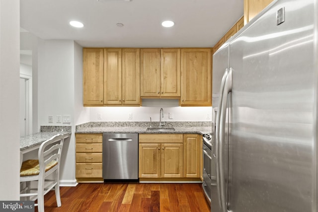 kitchen featuring a sink, dark wood-type flooring, light stone countertops, and stainless steel appliances