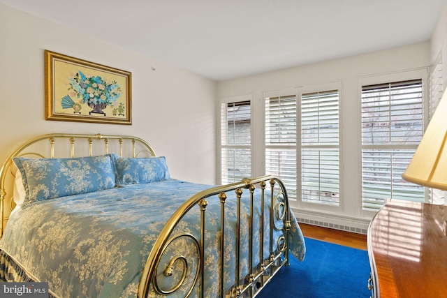 bedroom with a baseboard heating unit, multiple windows, and wood finished floors