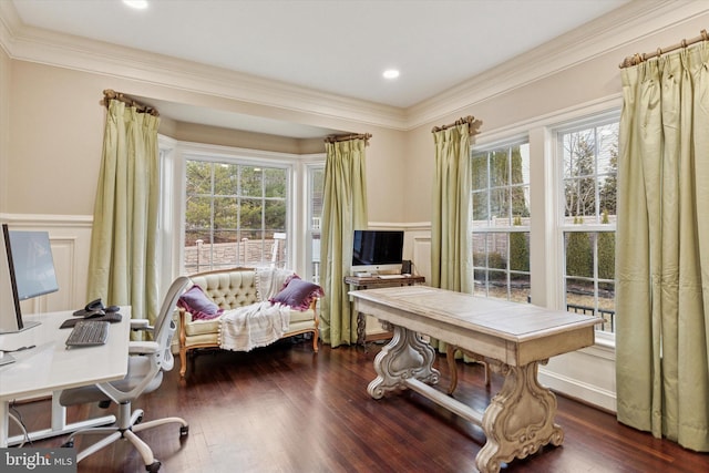 office space featuring crown molding, wainscoting, plenty of natural light, and wood finished floors