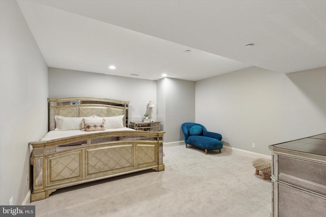 bedroom featuring carpet floors, recessed lighting, and baseboards