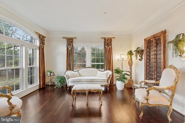 sitting room with ornamental molding and wood finished floors