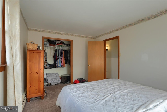 carpeted bedroom with a closet and a baseboard radiator