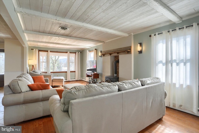 living area featuring beam ceiling, visible vents, light wood-style floors, wood ceiling, and a wood stove