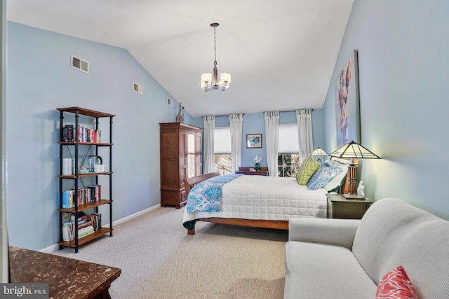 carpeted bedroom with vaulted ceiling, a notable chandelier, visible vents, and baseboards