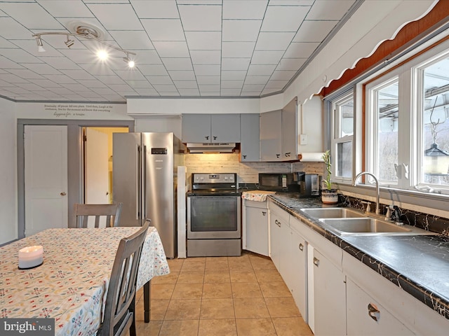 kitchen with dark countertops, gray cabinetry, appliances with stainless steel finishes, a sink, and under cabinet range hood