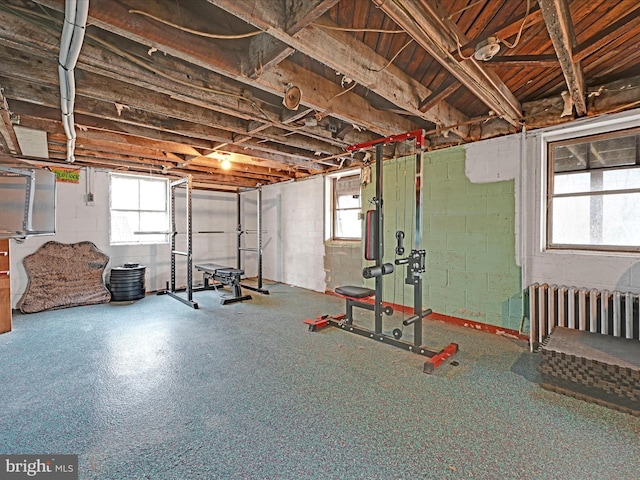 exercise room with radiator heating unit