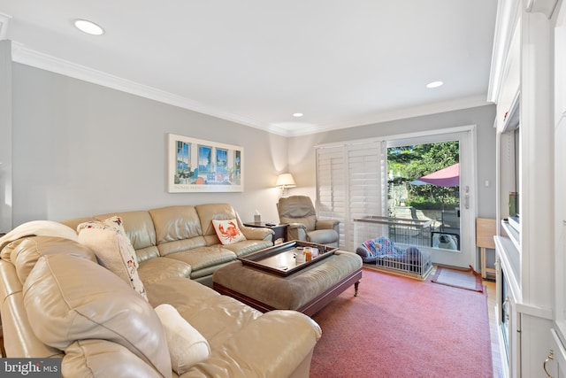 living area with crown molding and recessed lighting