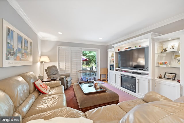 living area featuring recessed lighting and crown molding