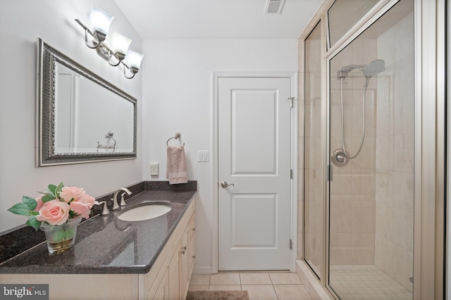 full bath featuring tile patterned floors, visible vents, vanity, and a stall shower