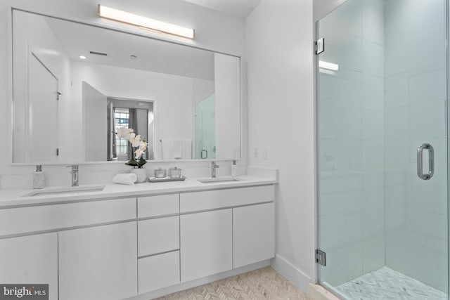 bathroom featuring a sink, visible vents, a stall shower, and double vanity