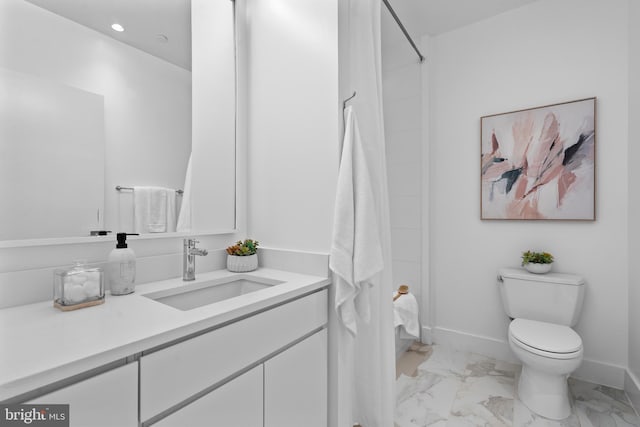 full bath with baseboards, toilet, and marble finish floor