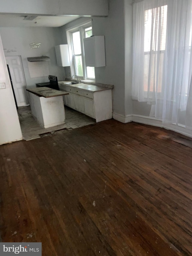 kitchen with dark wood-type flooring, a sink, and white cabinets