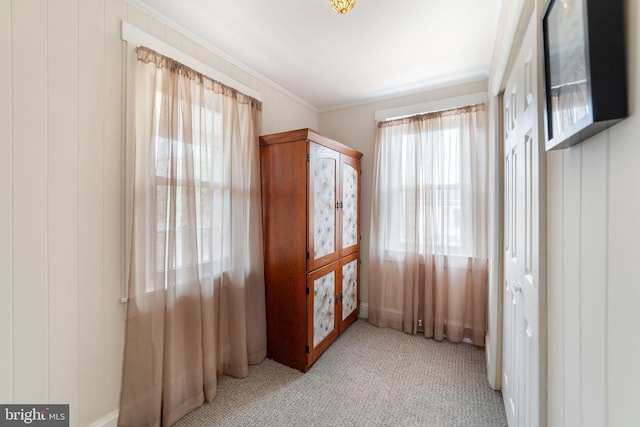 interior space featuring light carpet and crown molding