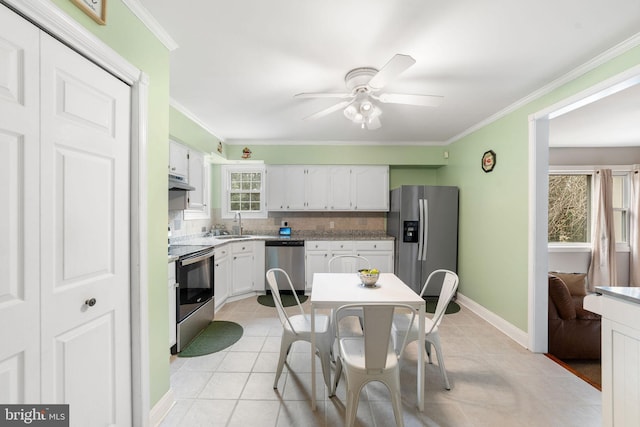 kitchen with white cabinets, stainless steel appliances, crown molding, under cabinet range hood, and backsplash