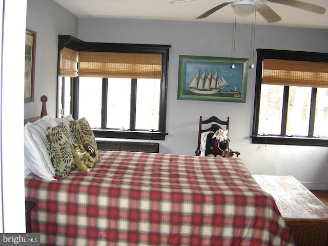 bedroom featuring ceiling fan and multiple windows