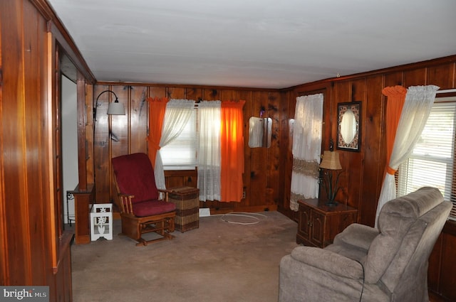 carpeted living room featuring wooden walls