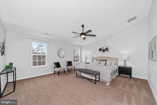 bedroom featuring ceiling fan, carpet floors, visible vents, and baseboards