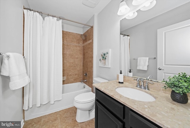 full bathroom featuring tile patterned floors, shower / bathtub combination with curtain, toilet, and vanity