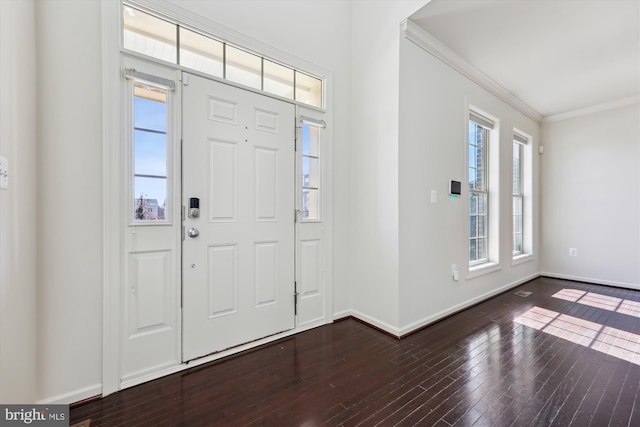 foyer with baseboards, ornamental molding, and dark wood-type flooring