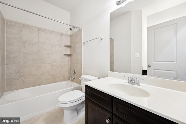 full bath featuring tub / shower combination, vanity, toilet, and tile patterned floors