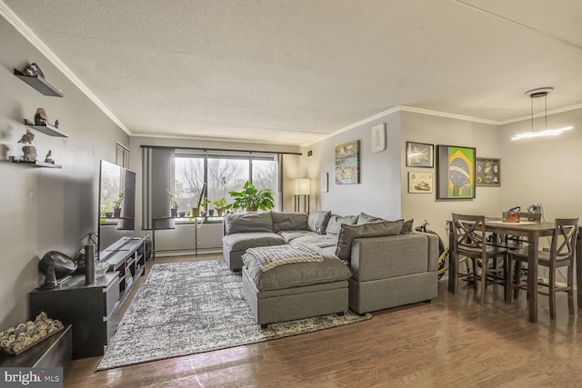 living area with a textured ceiling, ornamental molding, and wood finished floors